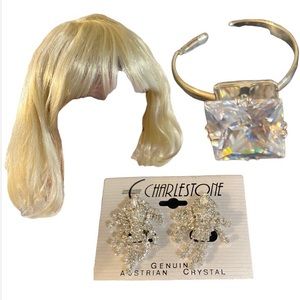 Roaring 20’s Flapper Blond Wig Rhinestone Earrings Ring Charlestone Costume Lot